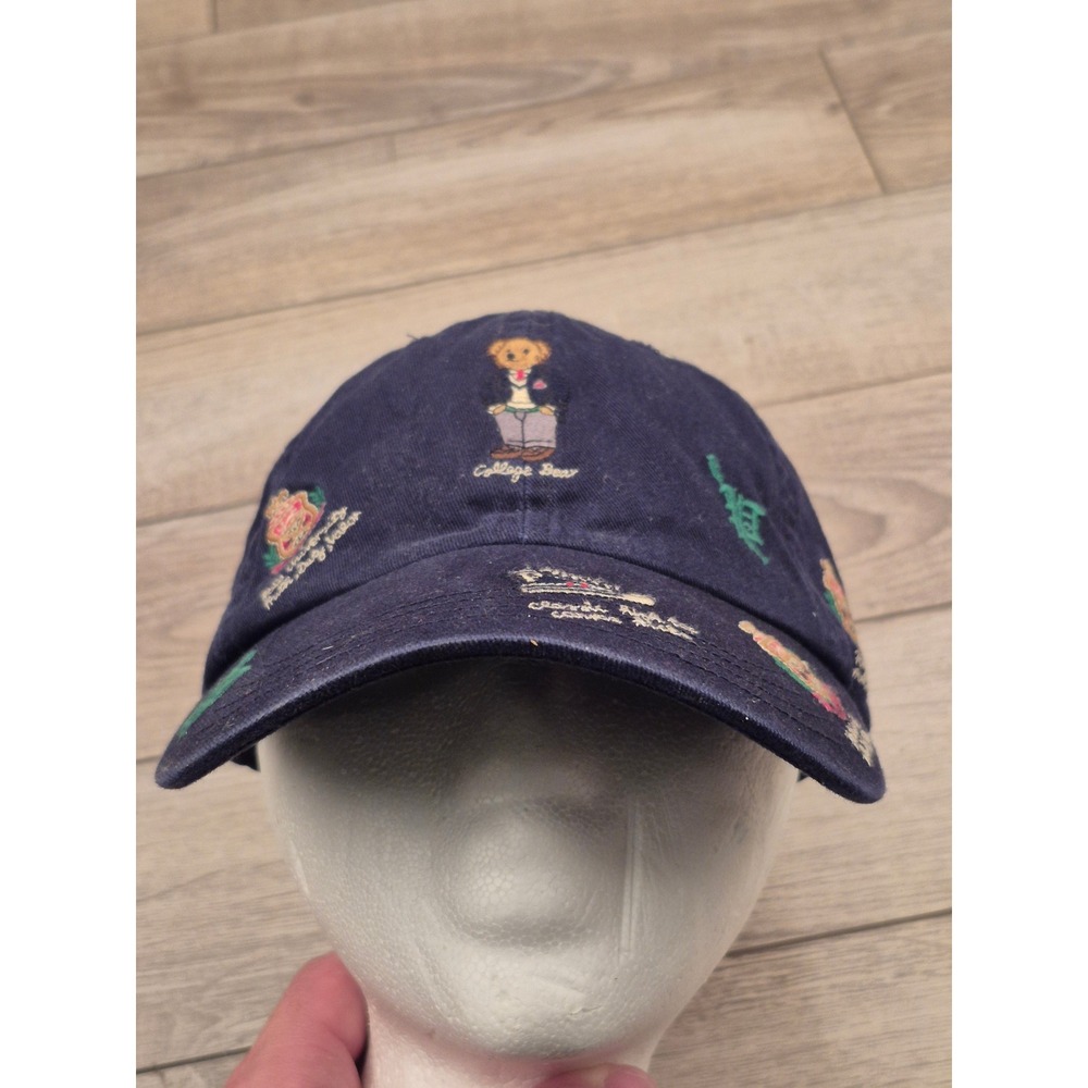 Polo Ralph Lauren College Bear Crest All Over Embroidery Navy Blue Hat Mens OS - Picture 2 of 14